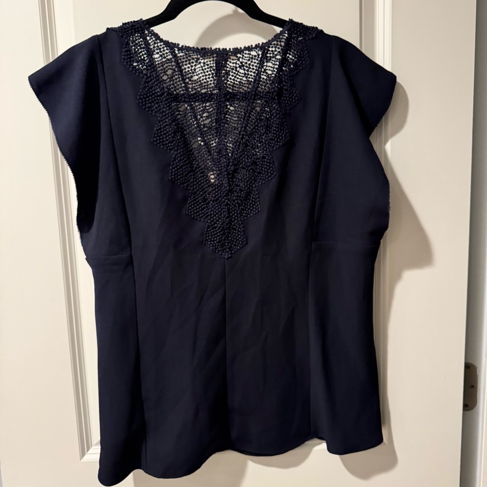 NWT Rebecca Taylor Crepe Lace V-Neck Top Navy Blue - Picture 3 of 4